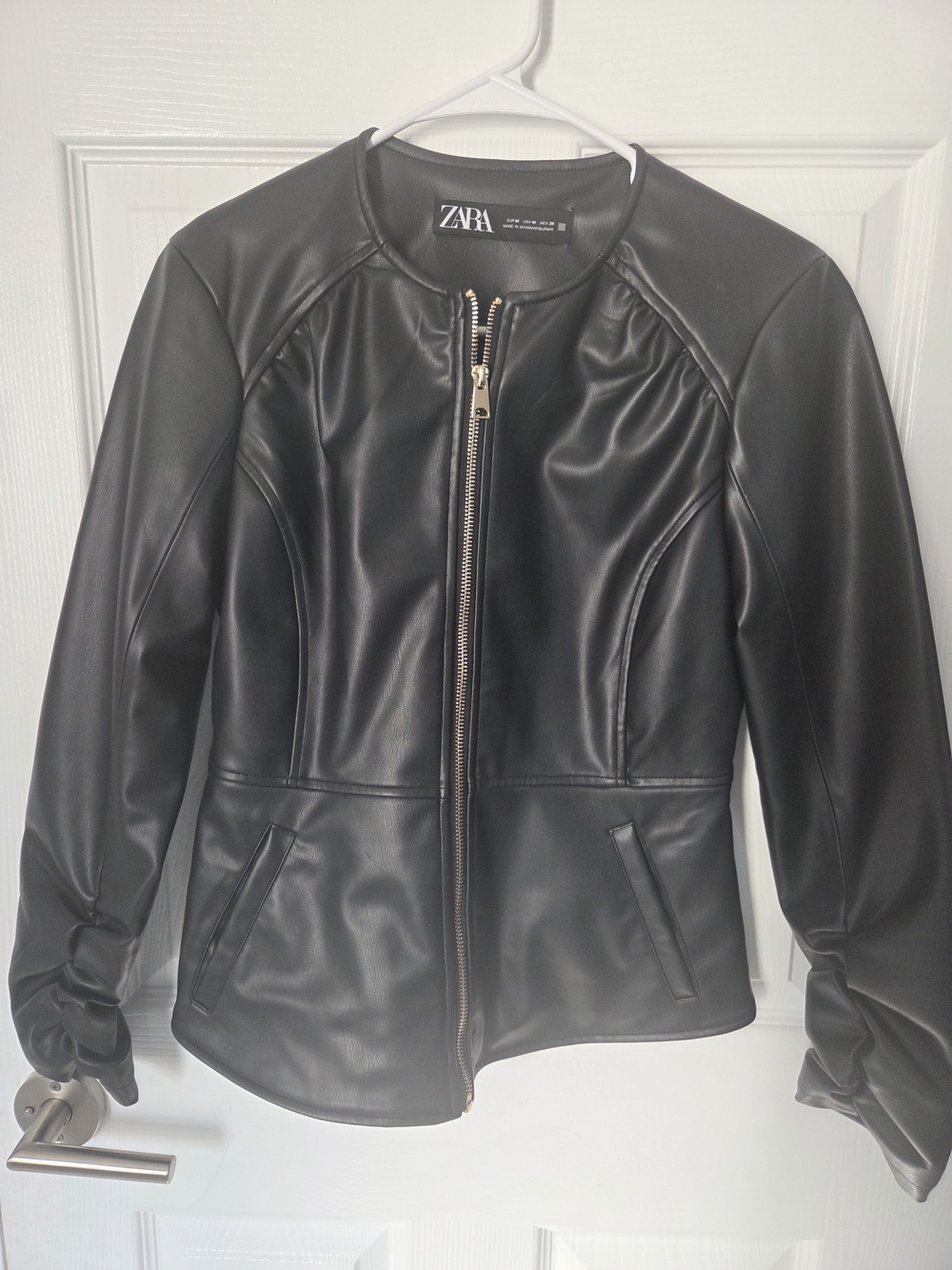 Zara Black Faux Leather Zip Jacket with Sculpted Seams